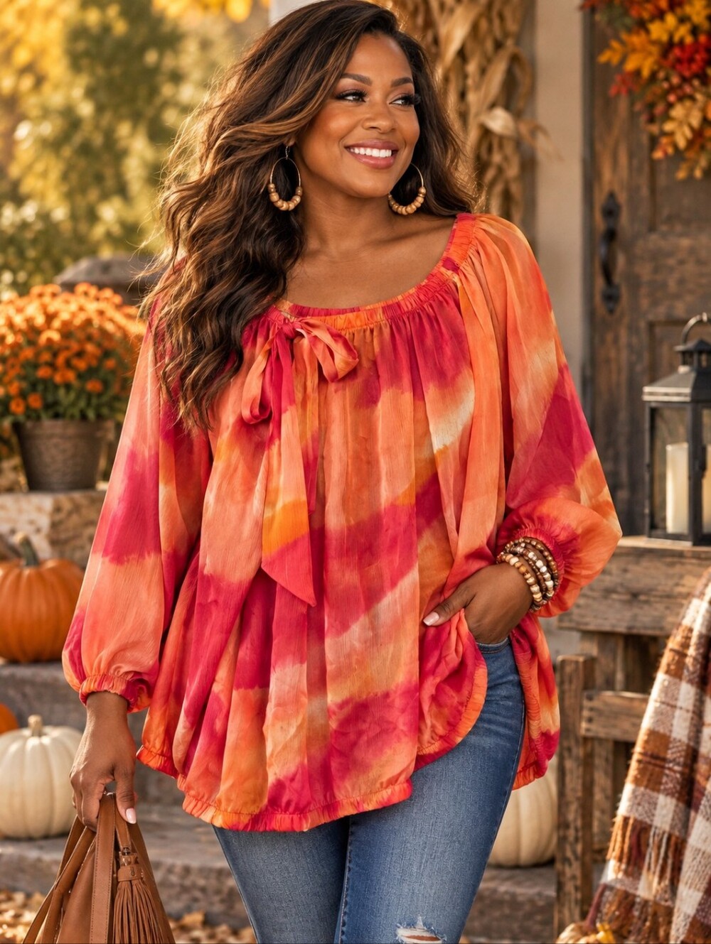 Ashley Stewart Size 18 Watercolor Boho Blouse Orange Pink Flowy Top Made USA